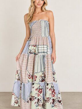Anthropologie Jaase Patchwork Floral Maxi Dress Strapless Cottagecore Bohemian